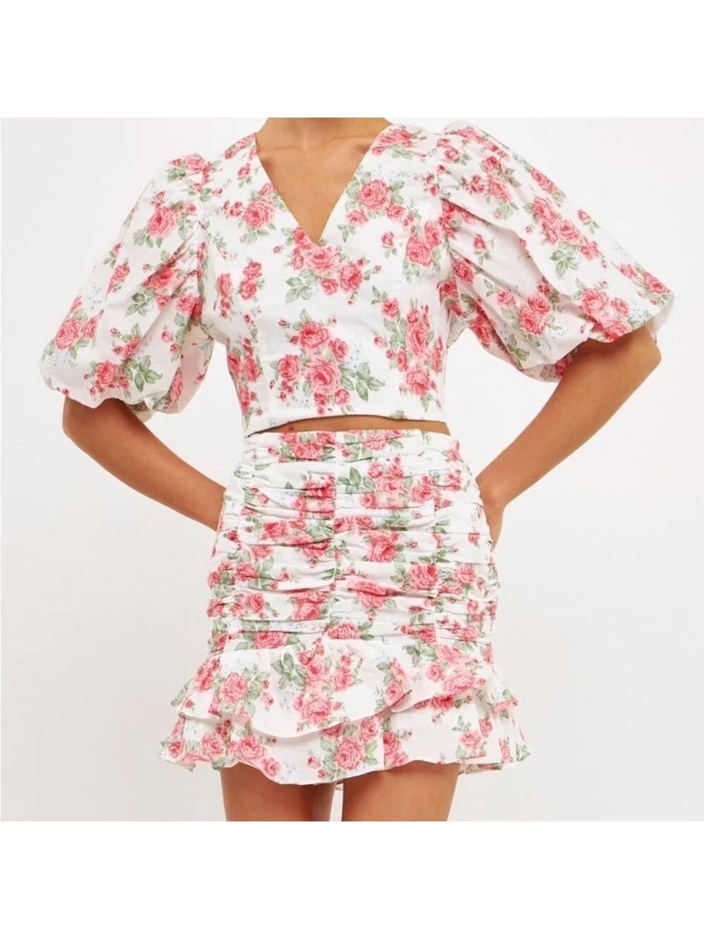 Endless Rose Revolve Linen Ruched Draped Ruffle Hem Mini Skirt - Picture 4 of 16